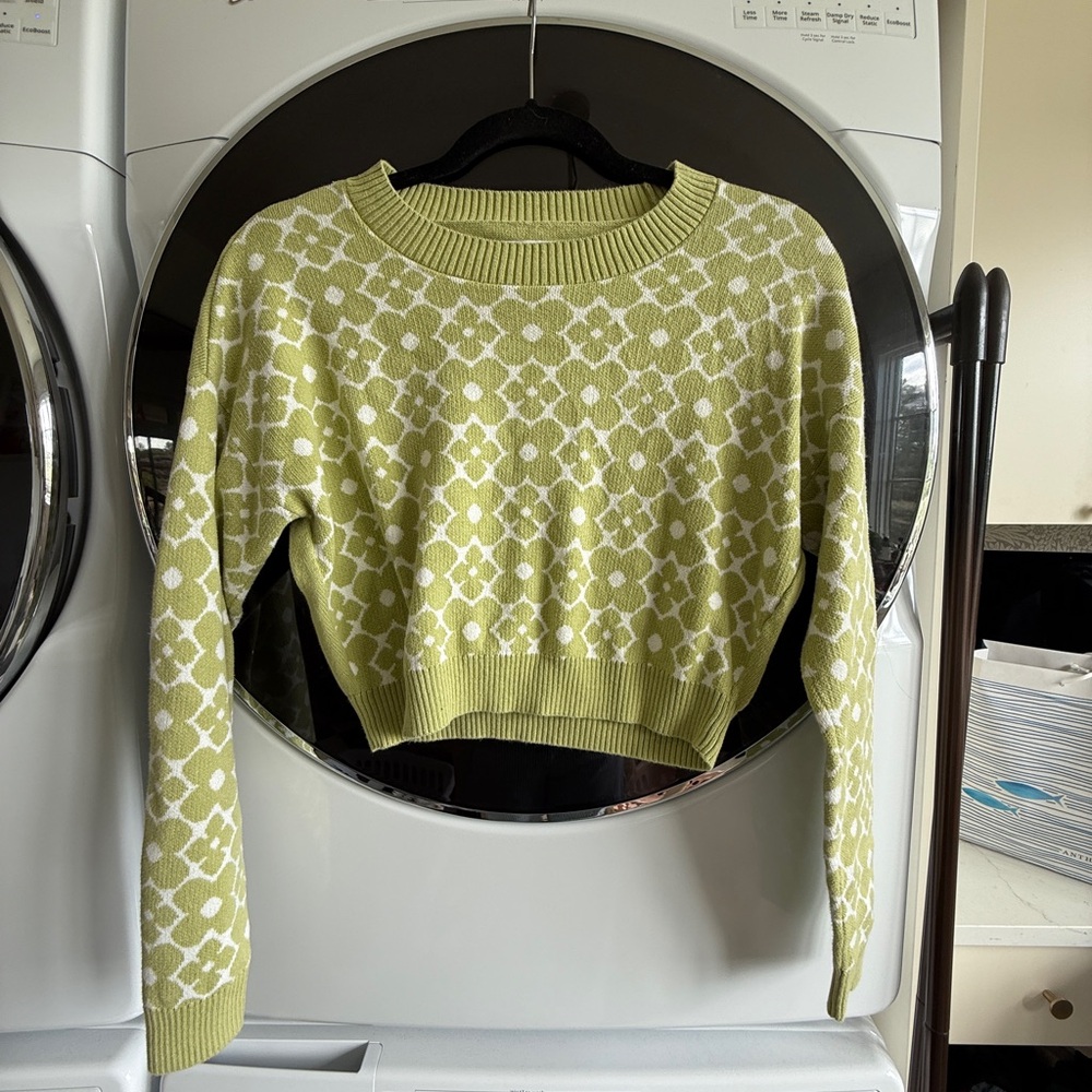 Hollister Green and White Crew Neck Cropped Sweater